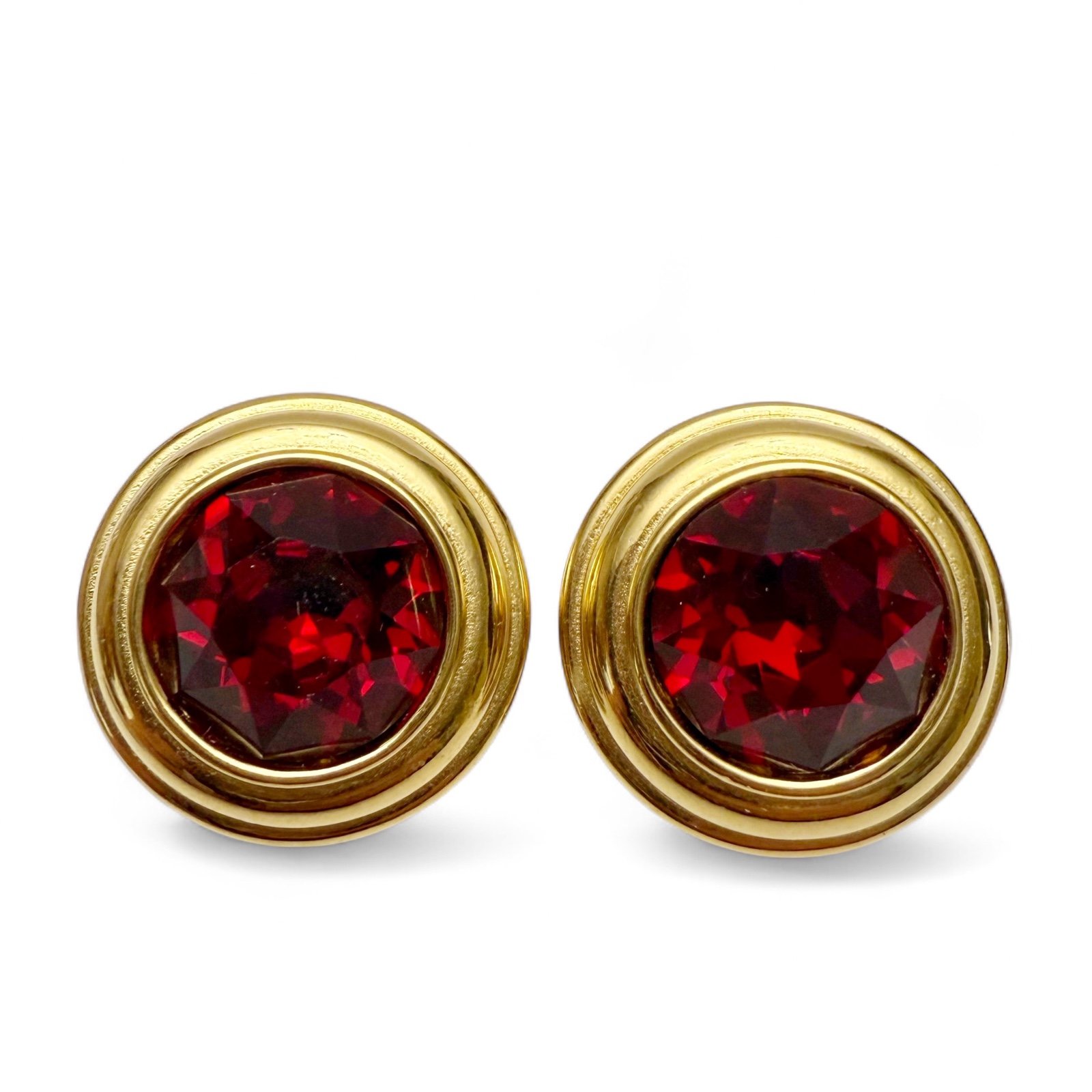 Vintage Monet Red Faceted Crystal Round Goldtone Clip On Earrings