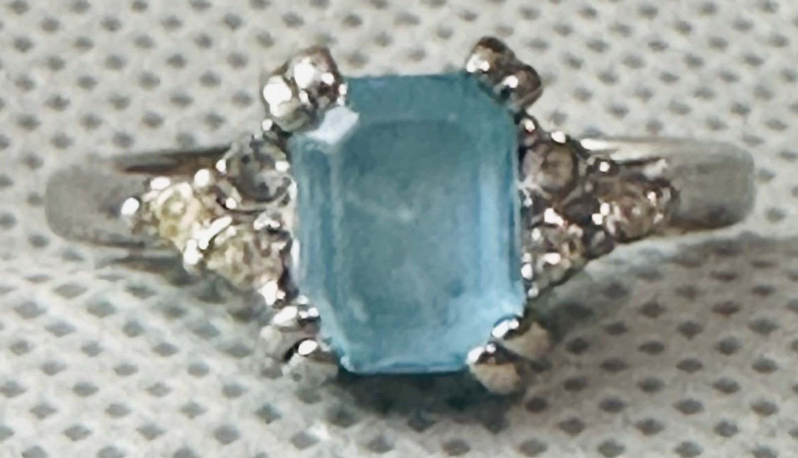 Vintage 14K White Gold Plated Aquamarine ring with CZ Accents - Size 7