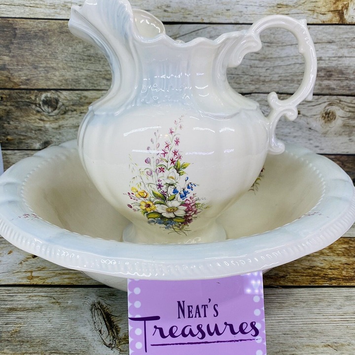 Vintage 70's WILDFLOWER Blue White Handmade Ceramic Large Pitcher Wash Basin Set