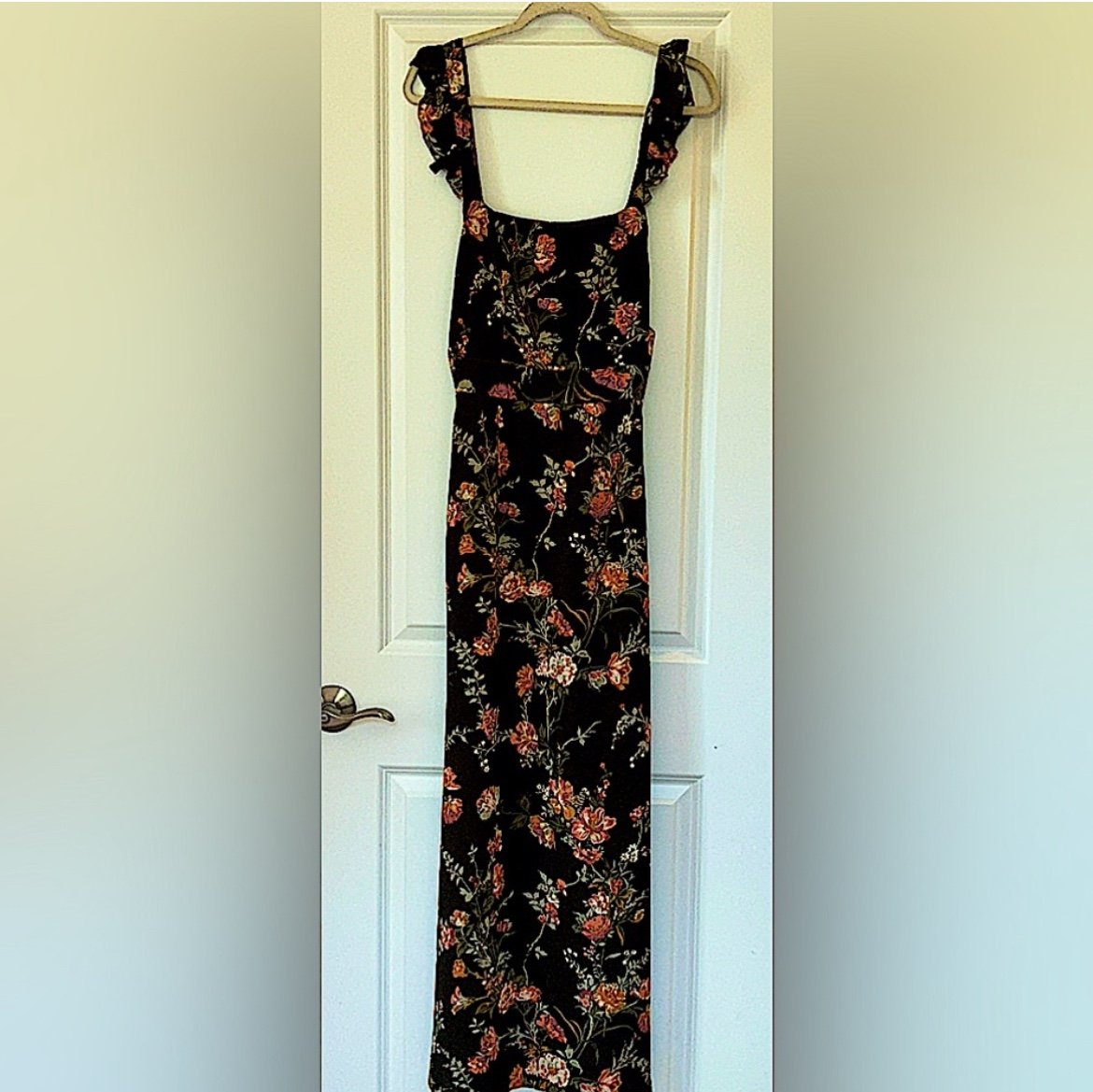 Flynn Skye long green floral romantic ruffle crisscross back maxi dress size SM