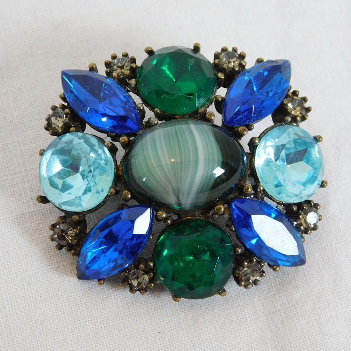 Gerard Yosca Blue Flawed Glass Cabochon Rhinestone Blue Green Pin Brooch Vintage