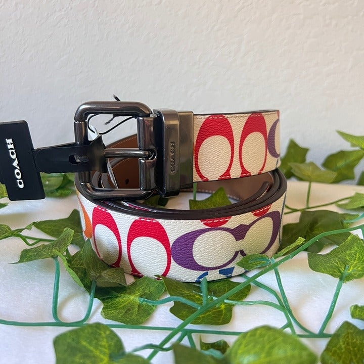coach Roller Buckle Cut To Size Reversible Belt In Rainbow Signature C4153