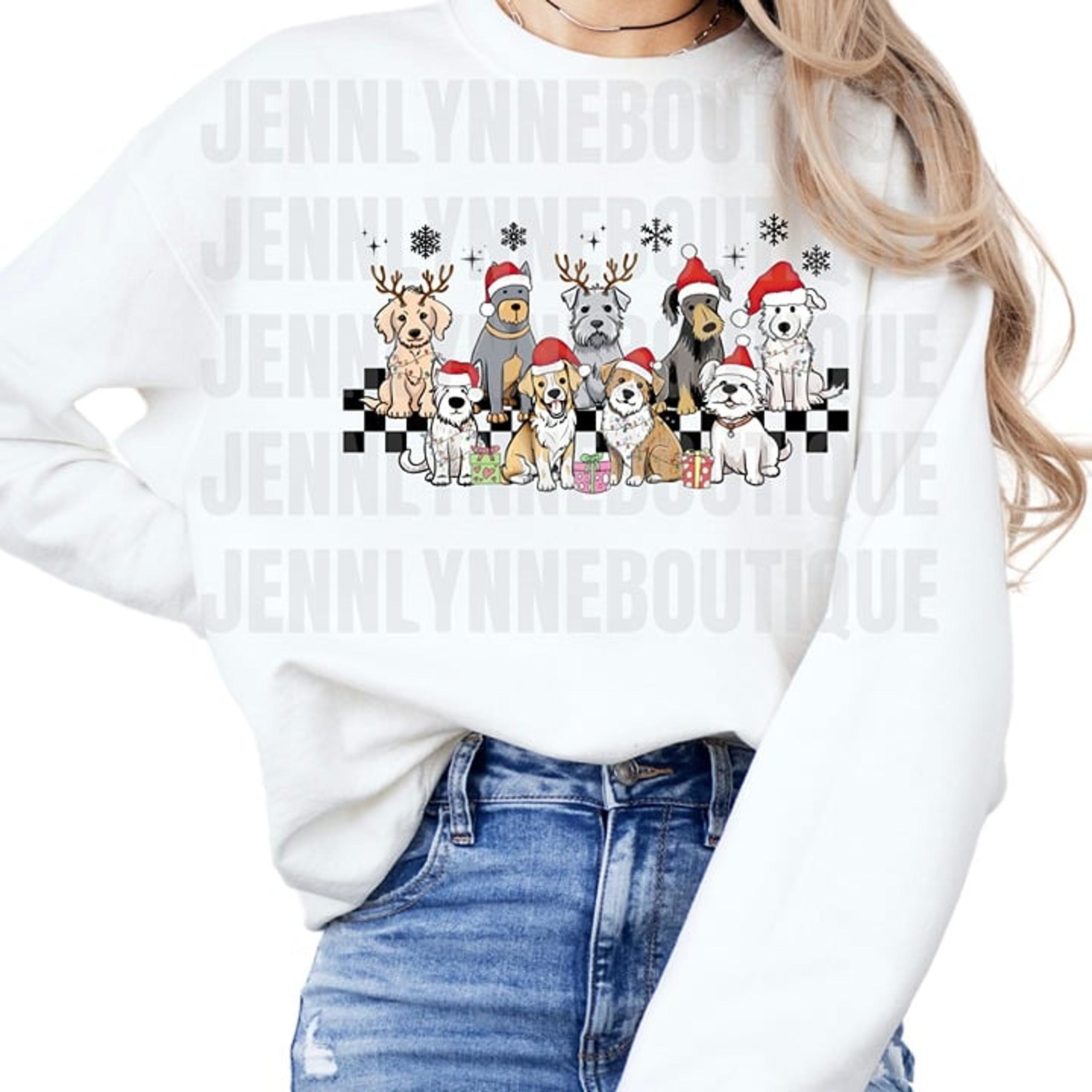 Christmas Dog, lights White Crewneck Sweatshirt Dogs Holiday Puppy Shirt S-XL