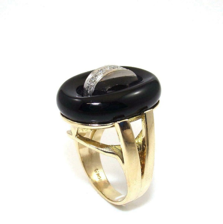 14K GOLD ONYX DIAMOND MODERNIST RING 6