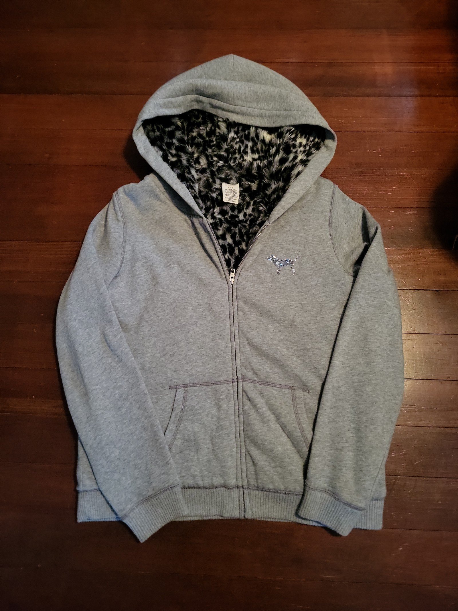 Victoria’s Secret PINK Silver Sequin-Bling Fur Hooded Jacket