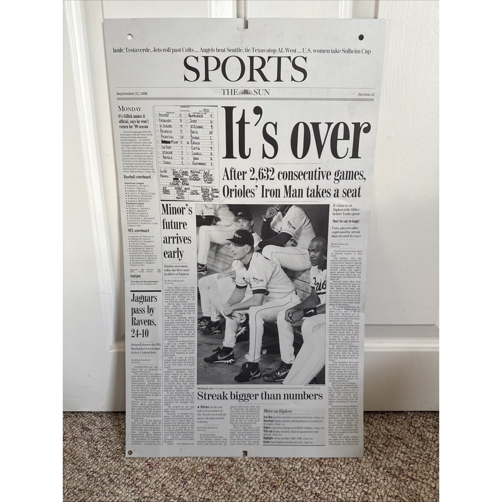 BALTIMORE ORIOLES SUNPAPER PRINTING PLATE CAL RIPKIN JR IRON MAN IT'S OVER '98