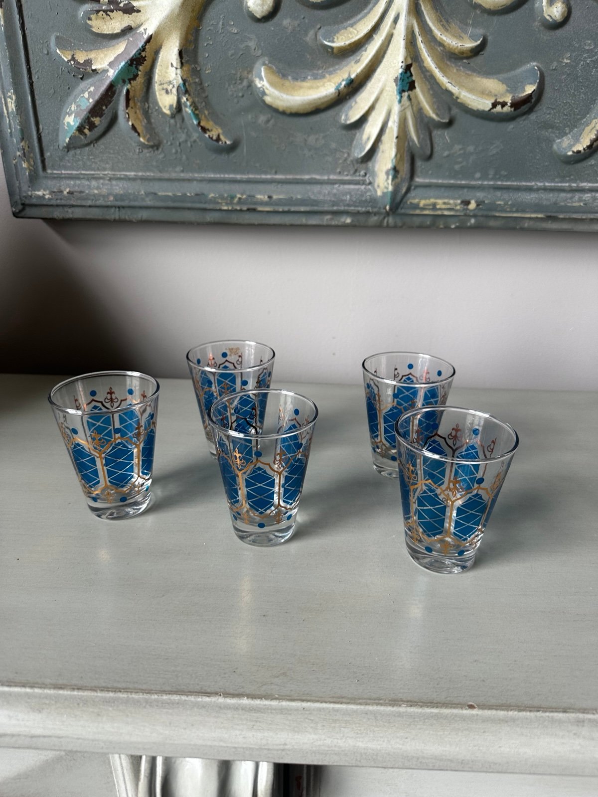 Vintage anchor hocking MCM cocktail glasses blue gold set 5