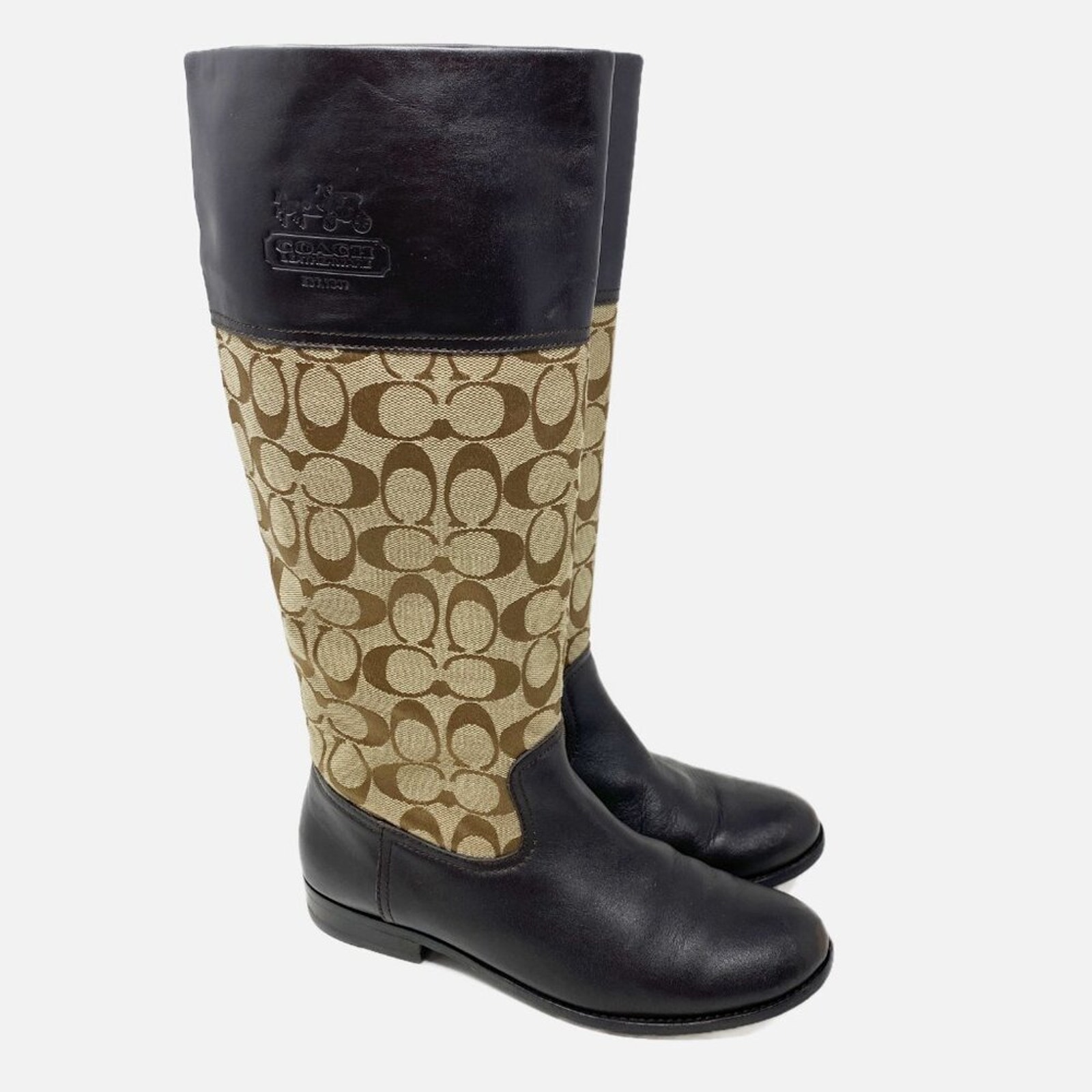 Coach Brown/Tan Chrissi Leather & Logo Print Riding Boots Women's Sz 7.5 Pull On