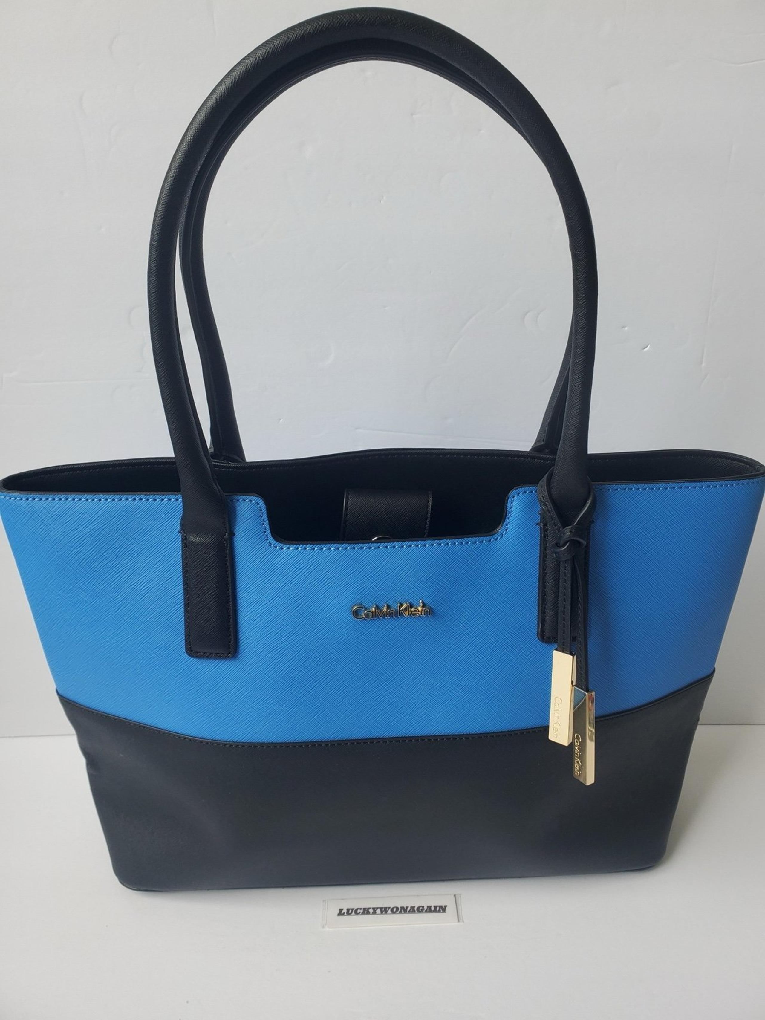Beautiful Calvin Klein Blue Black Block Saffiano Leather Tote Handbag Purse