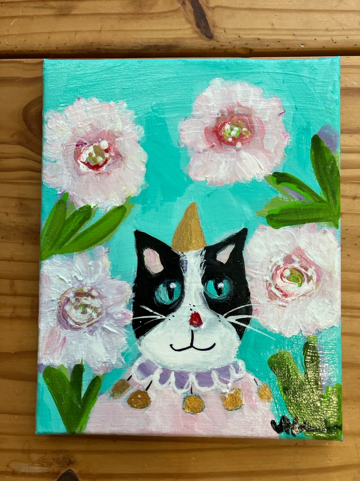 “Cat & Peonies an Original Art Acrylic Painting Cat 10”x8” On Canvas