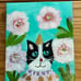 “Cat & Peonies an Original Art Acrylic Painting Cat 10”x8” On Canvas