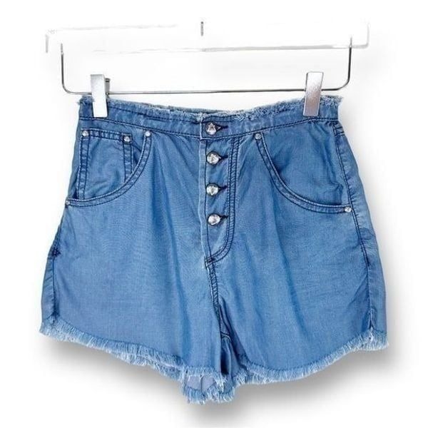 Some days lovin High Waisted Chambray Jean Shorts Frayed Button-Front Sz 24