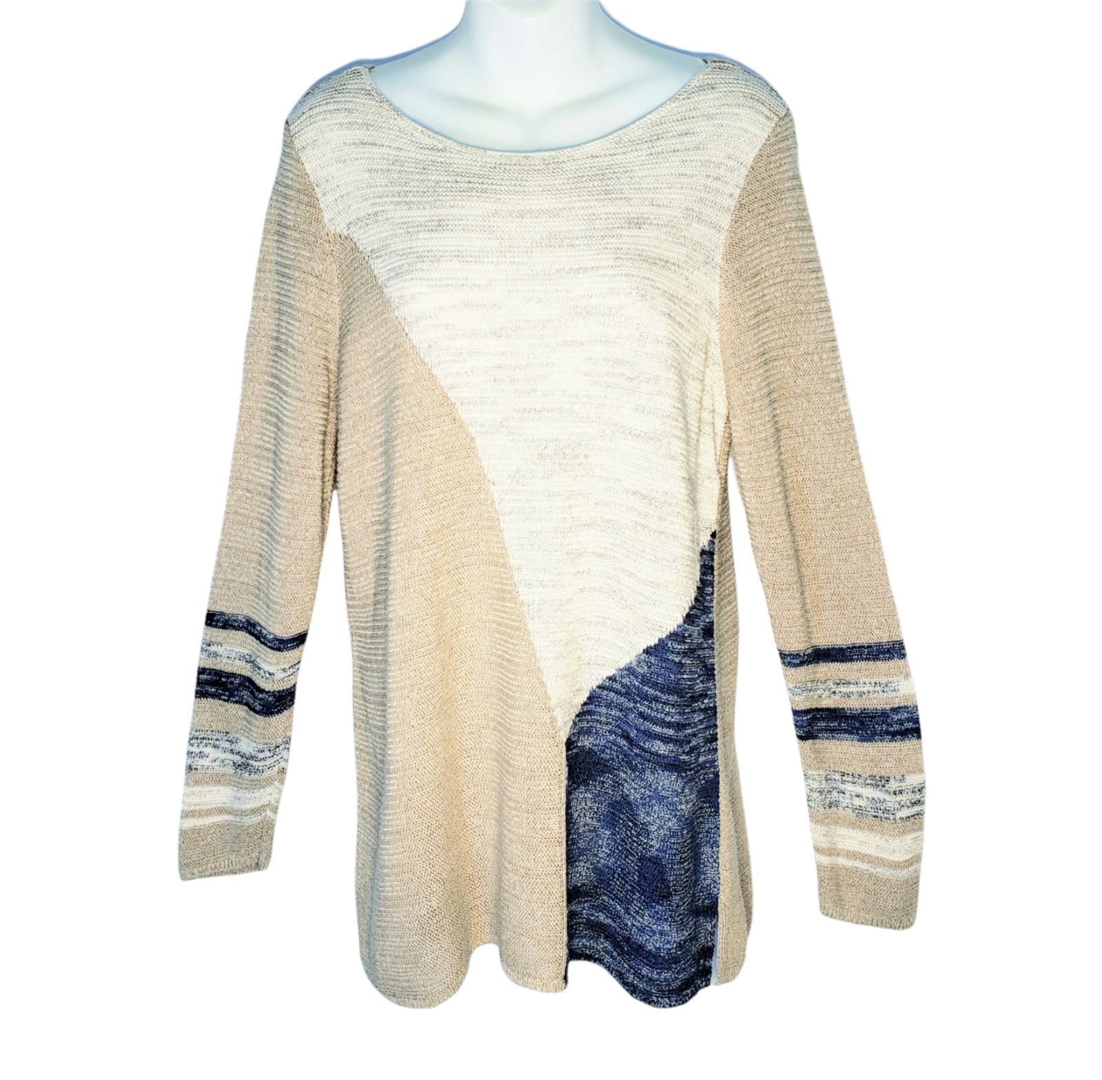 Nic + Zoe Color Block Knit Pullover Top Beige Size L