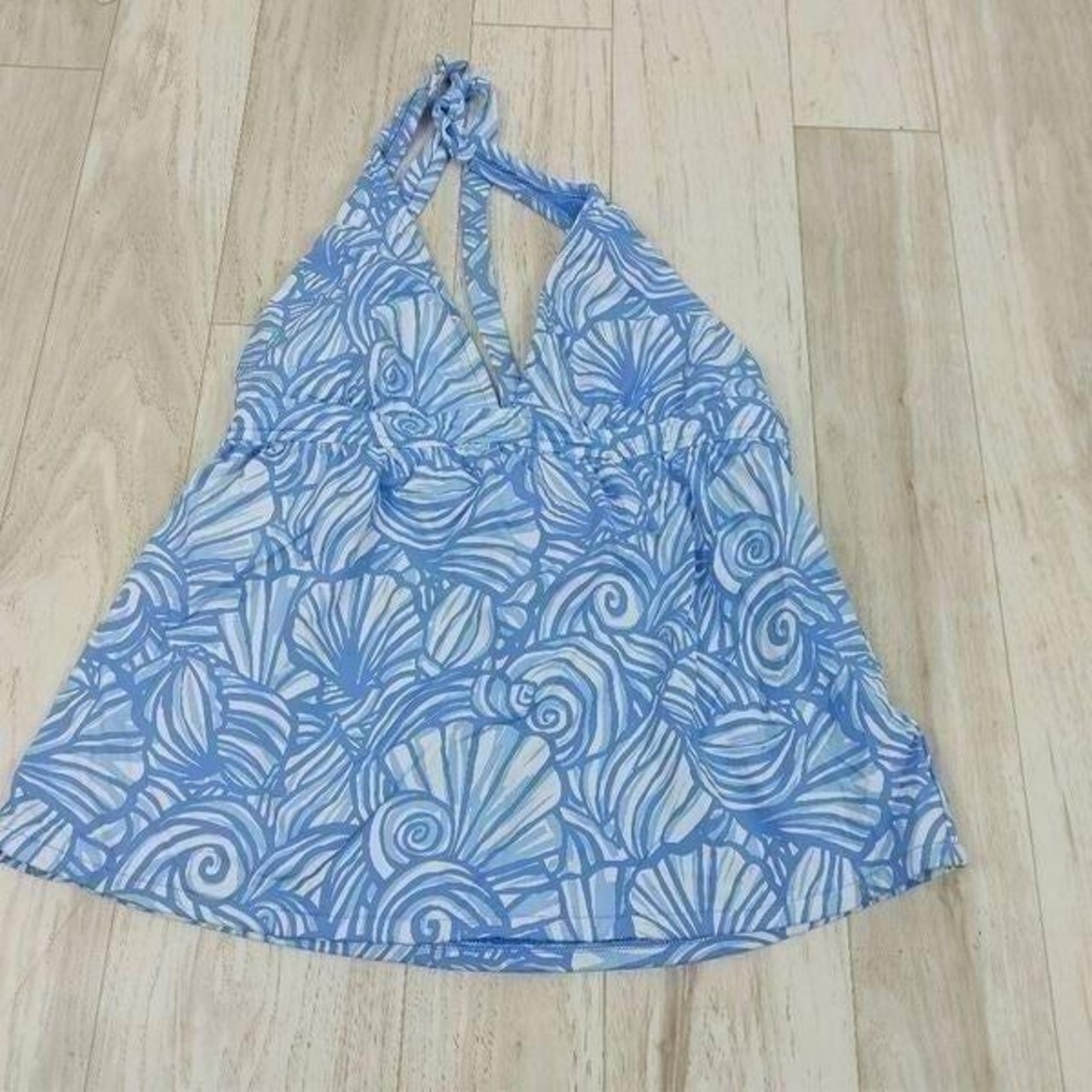 Vineyard Vines Nautilus Tankini Swimsuit Top Size Medium Halter Blue White Shell