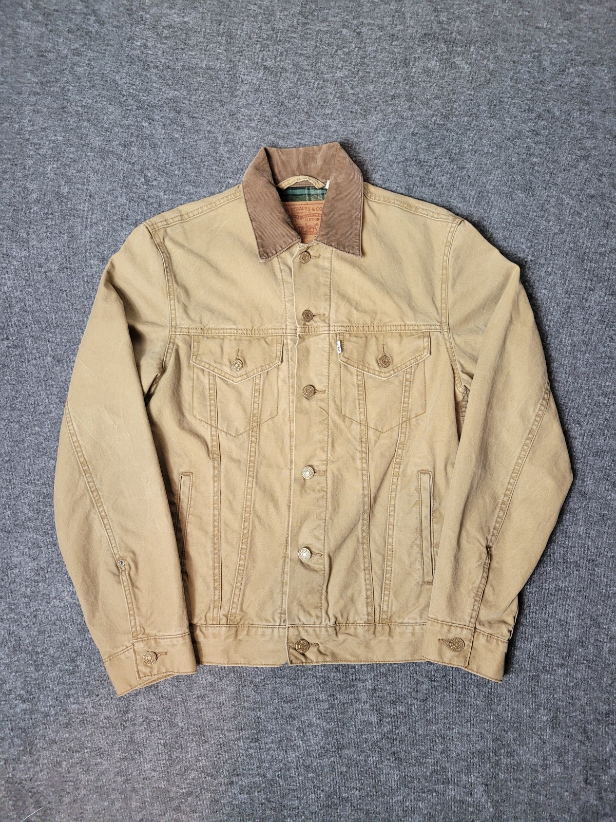 Vtg 90's Levi's Strauss Mens Trucker Jacket Size M Tan Plaid Corduroy Collar