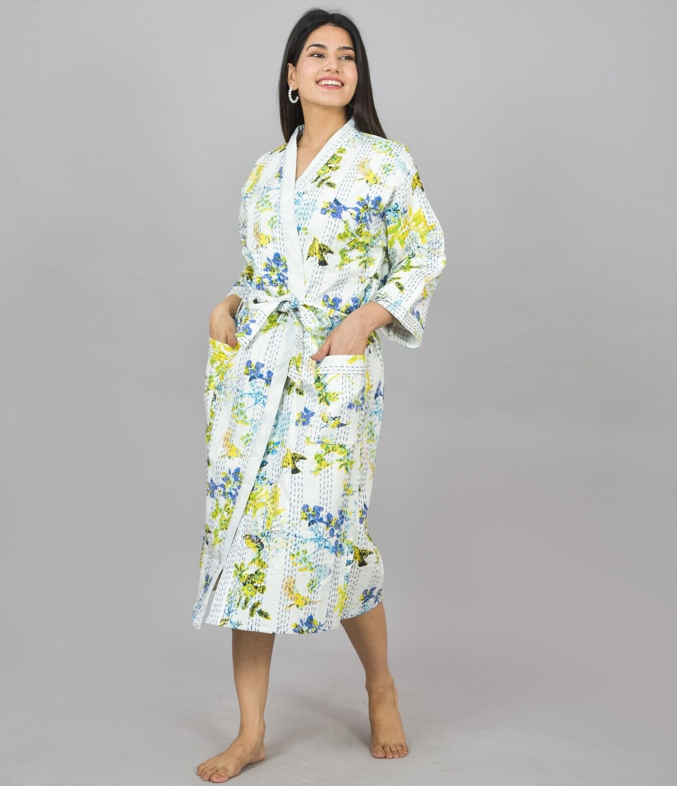 Pure Cotton Kantha Floral Print Cotton Kimono Robe, Dressing Gown