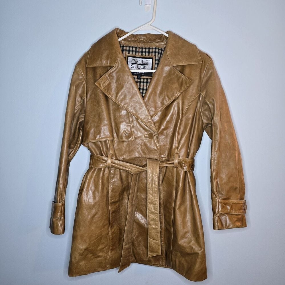 Wilsons Leather Pelle Studio Jacket Y2K Tan Trench Coat Womens L
