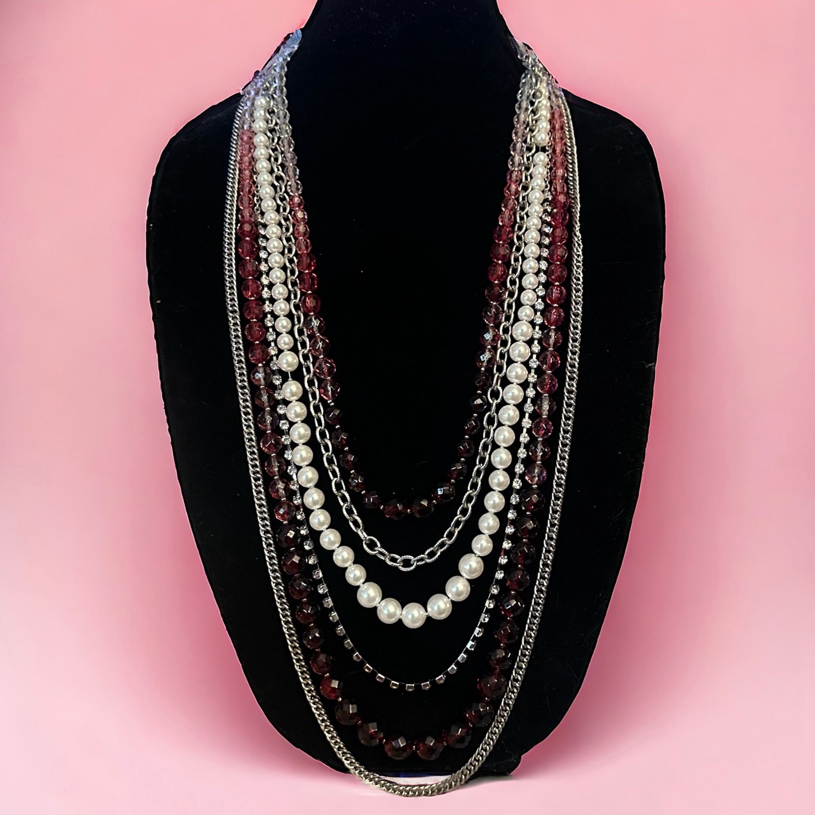 WHBM long multi chain bead and pearl necklace