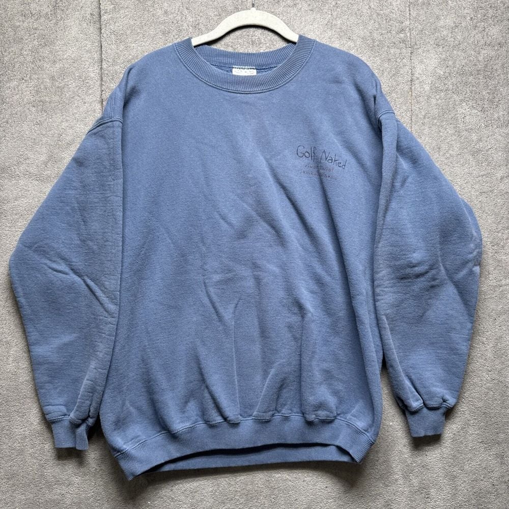Vintage Sweatshirt Golf Naked Mens Large Blue Pullover River Twist NC Fleece