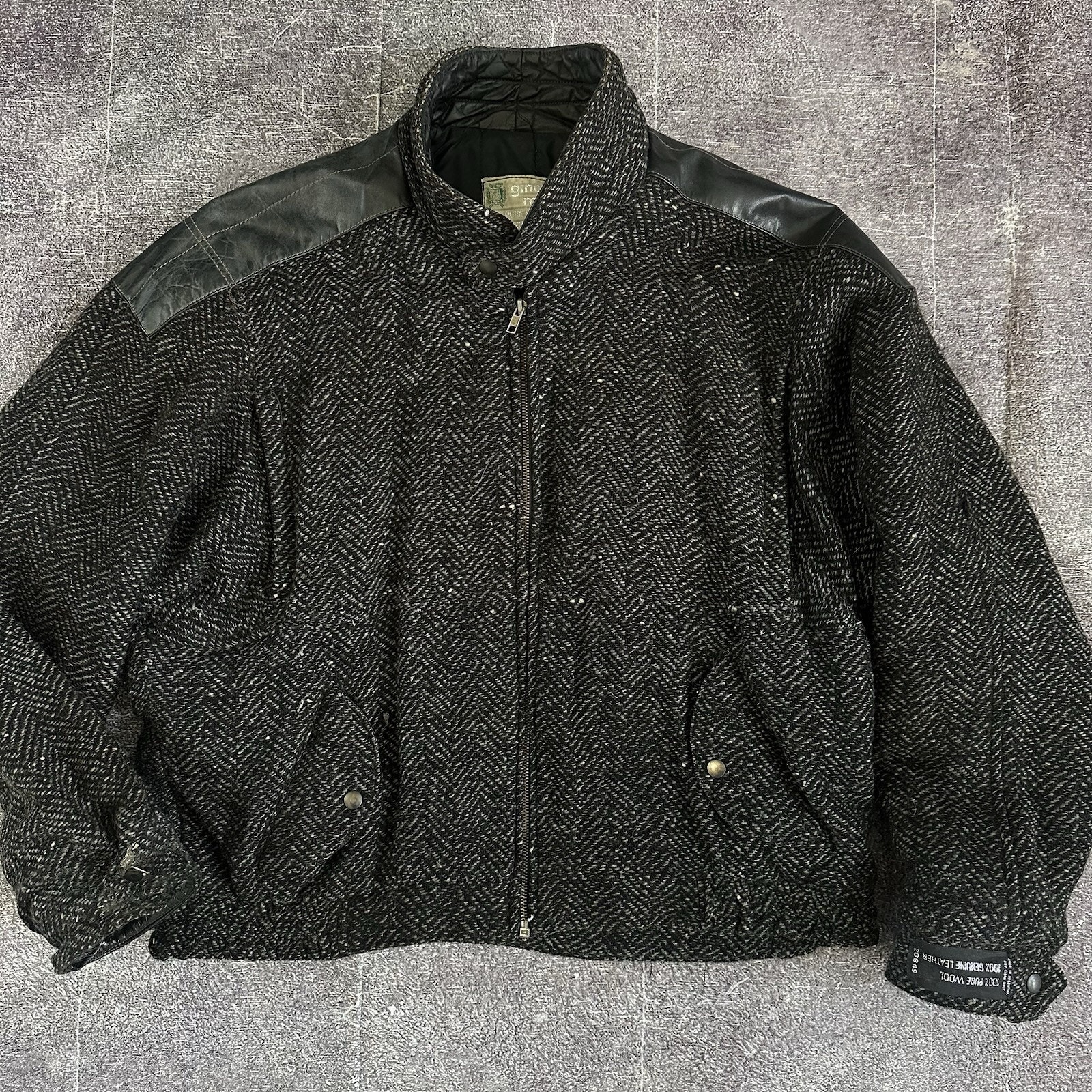 Men's Vintage 80's Gino Tweed Wool Leather Black Gray Bomber Zip Up Jacket Sz XL