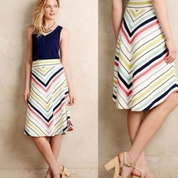 MAEVE Anthropologie Spring Stripe Chevron Cotton Knit ALine Skirt Rainbow MEDIUM