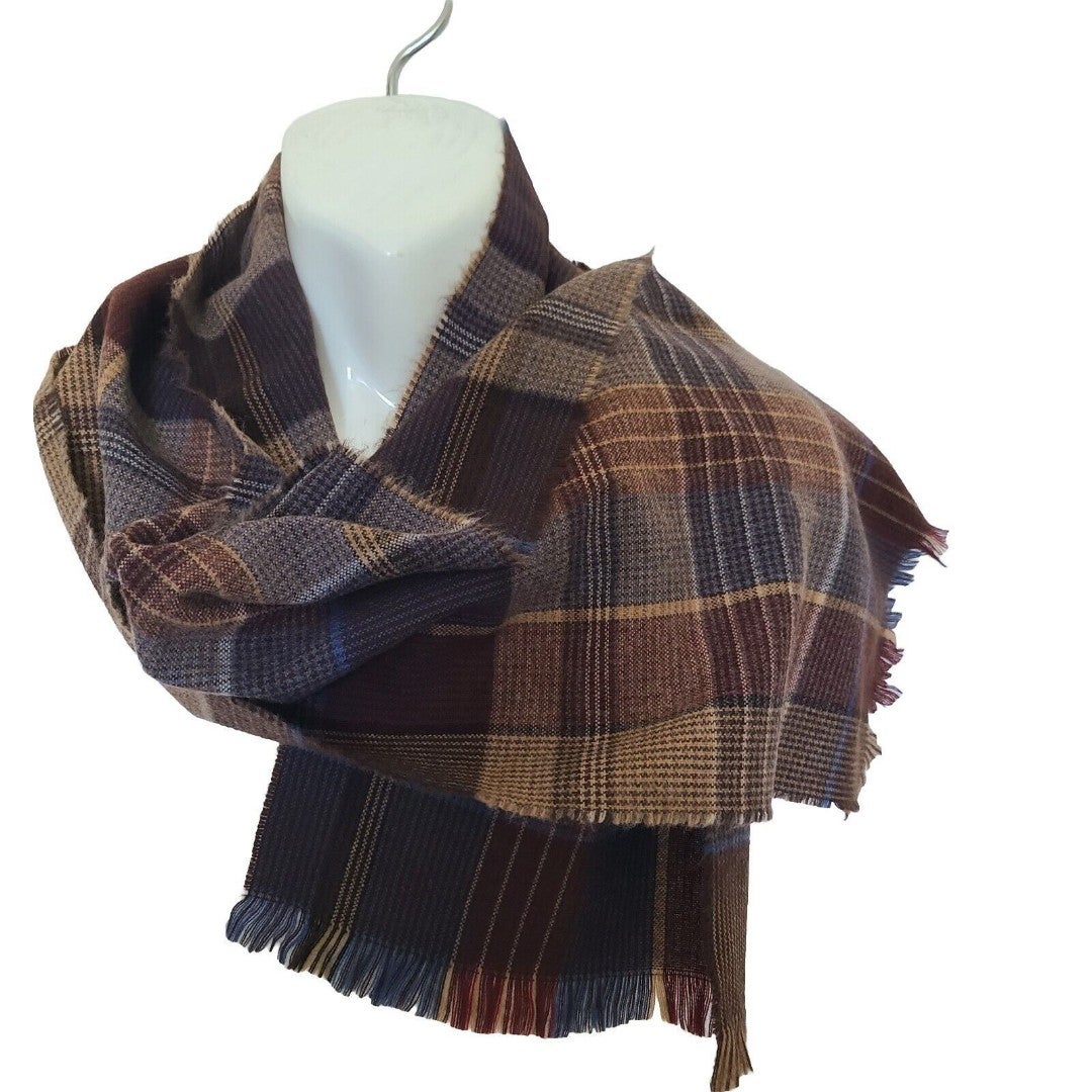 PACO RABANNE scarf FRANCE Plaid brown/ blue/ tan Acrylic unisex 54 x12 unused