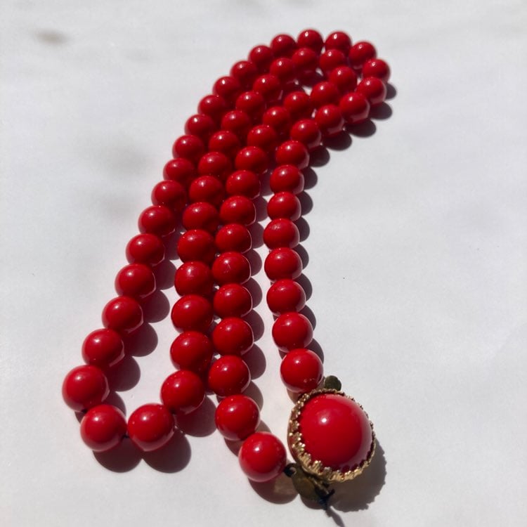 Antique Japanese Natural Red Coral Bead Necklace With 14k gold