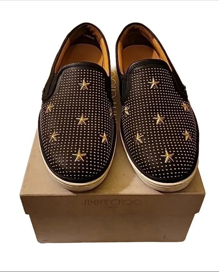 Jimmy Choo Leather Slip-Ons Black Studded w/Metal Stars Size 42EU