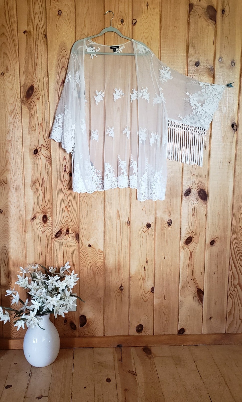 Torrid sheer, ivory, lace cover up plus-size 3/4