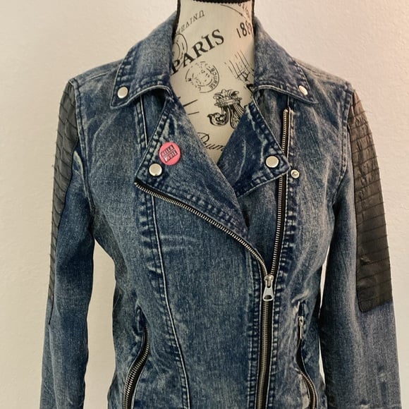 Denim and Faux Leather Biker Jacket by New Look Size M