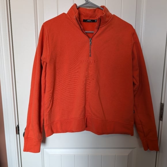 OBEY Worldwide Fleece Zip Up Sweater Medium Orange