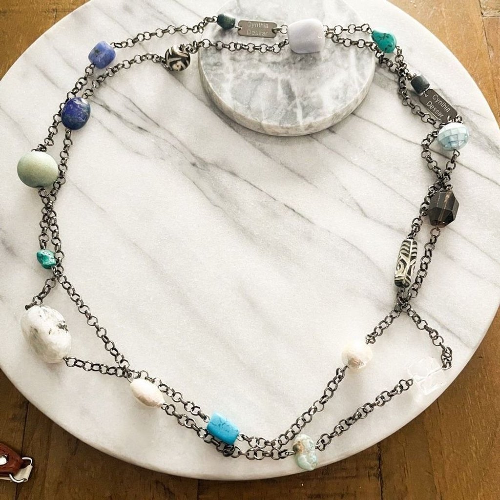 Cynthia Dresser Long Beaded Necklace Gunmetal Chain Multicolor Beads