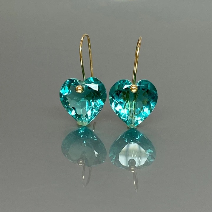 14K Gold Paraiba Tourmaline Heart Earrings (324ct), Blue Tourmaline Drop Earring