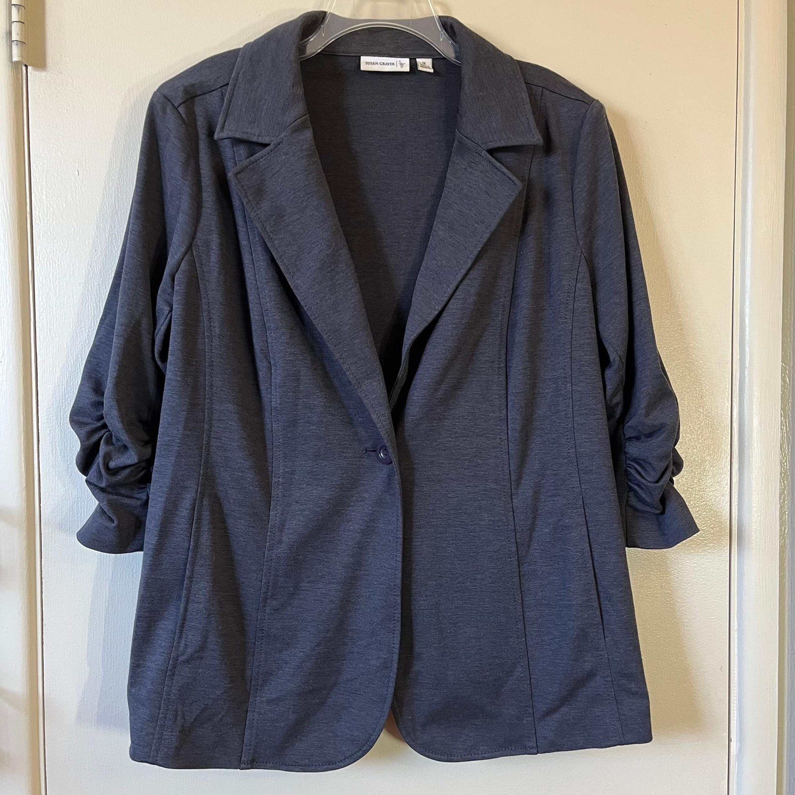 Susan Graver 1X gray stretch blazer, pockets, ruched sleeves, shoulder pads