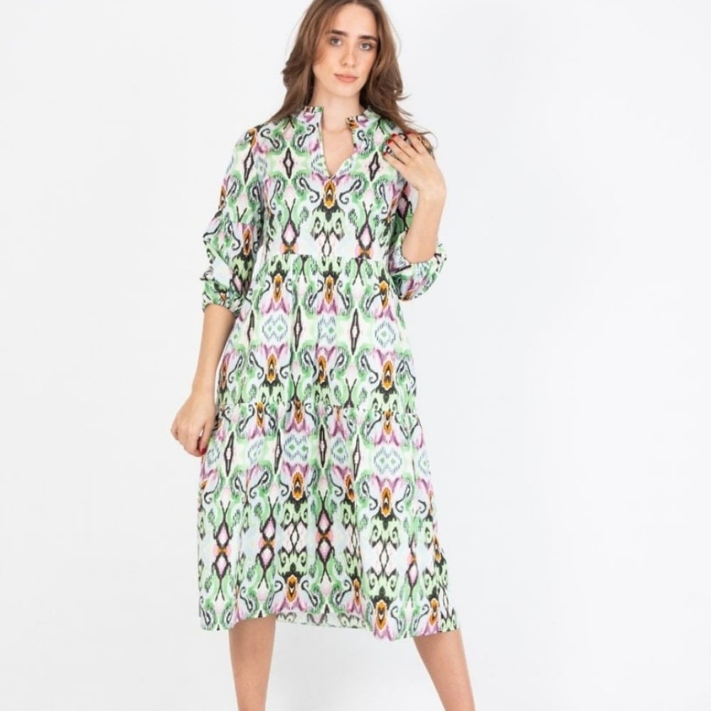 Vilagallo Tammy Aztek Watercolour Print Tiered Cotton Dress
