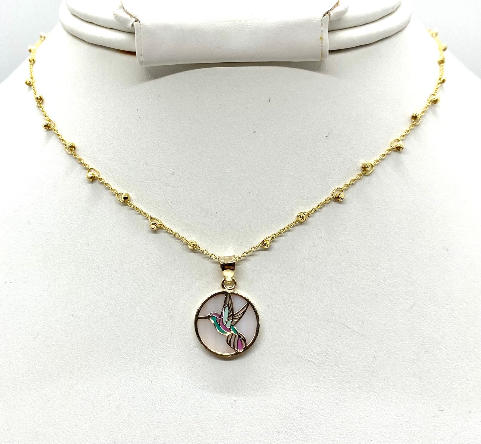 10KT Gold Bird Mother Pearl Ball Chain Necklace