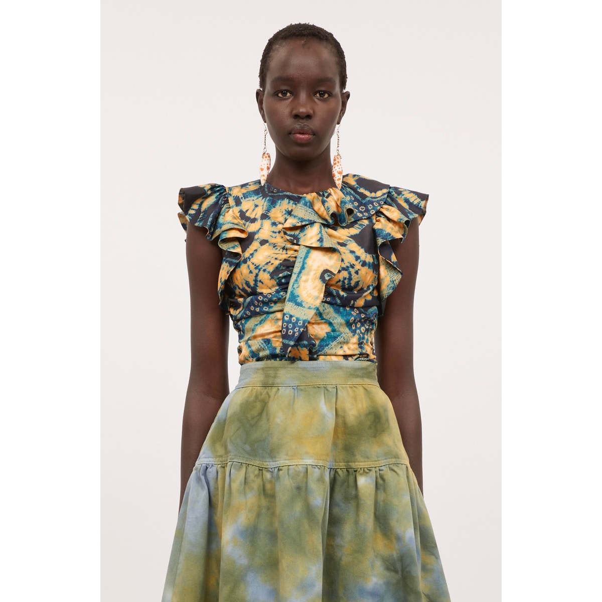 NWT Ulla Johnson Vida Top Blue Green Gold Silk Shibori Ruffles Sz 00 Chic Boho