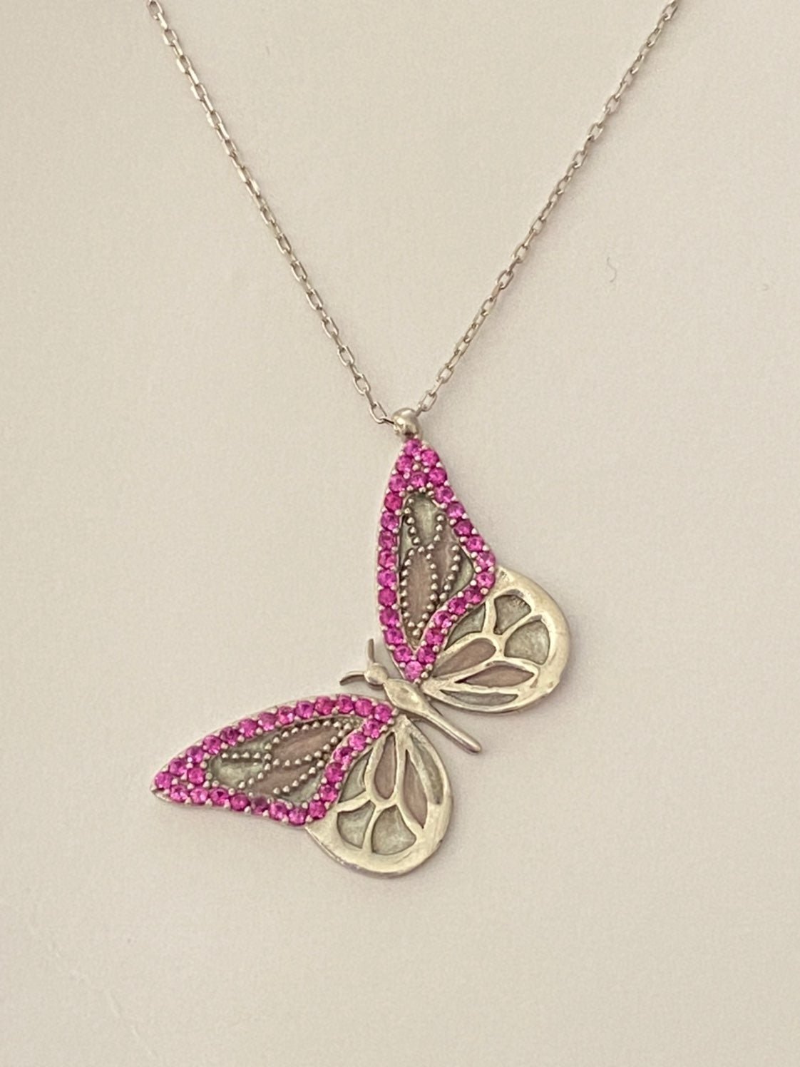 Pink butterfly silver enamel necklace