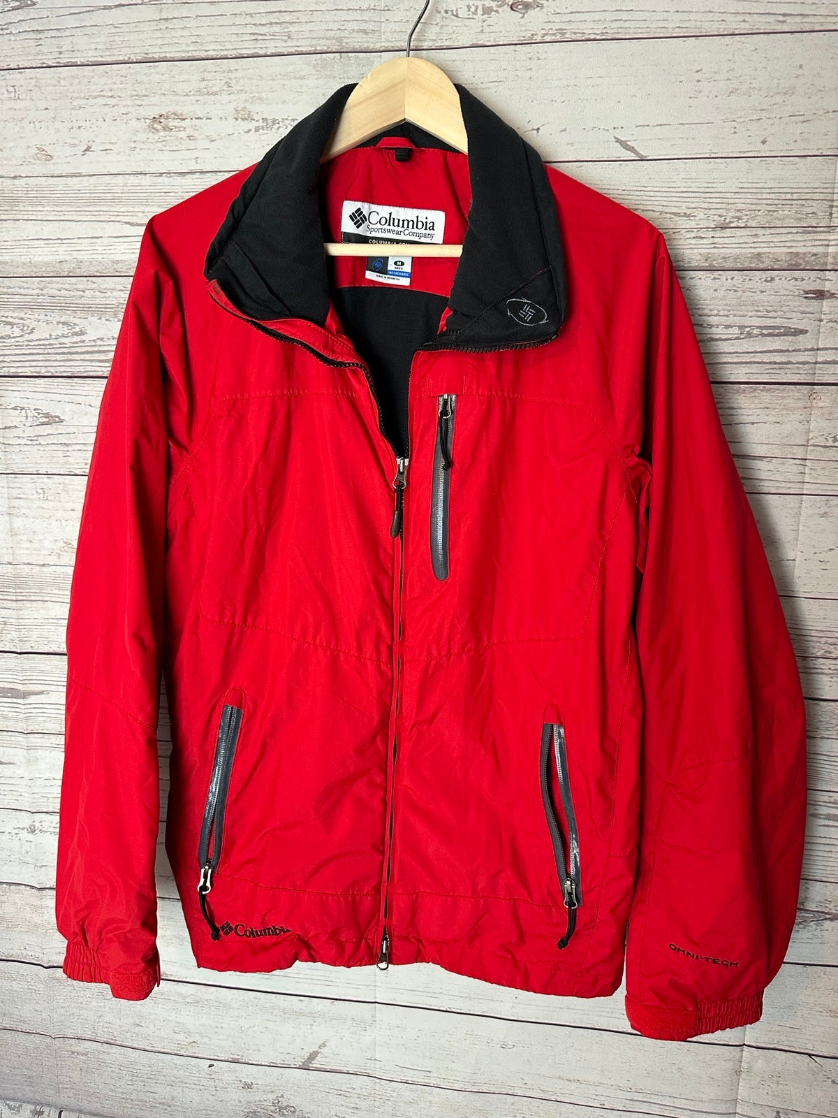 Columbia Jacket Mens M Med Red Black Zip Up Omni Tech Interchange Hooded Logo