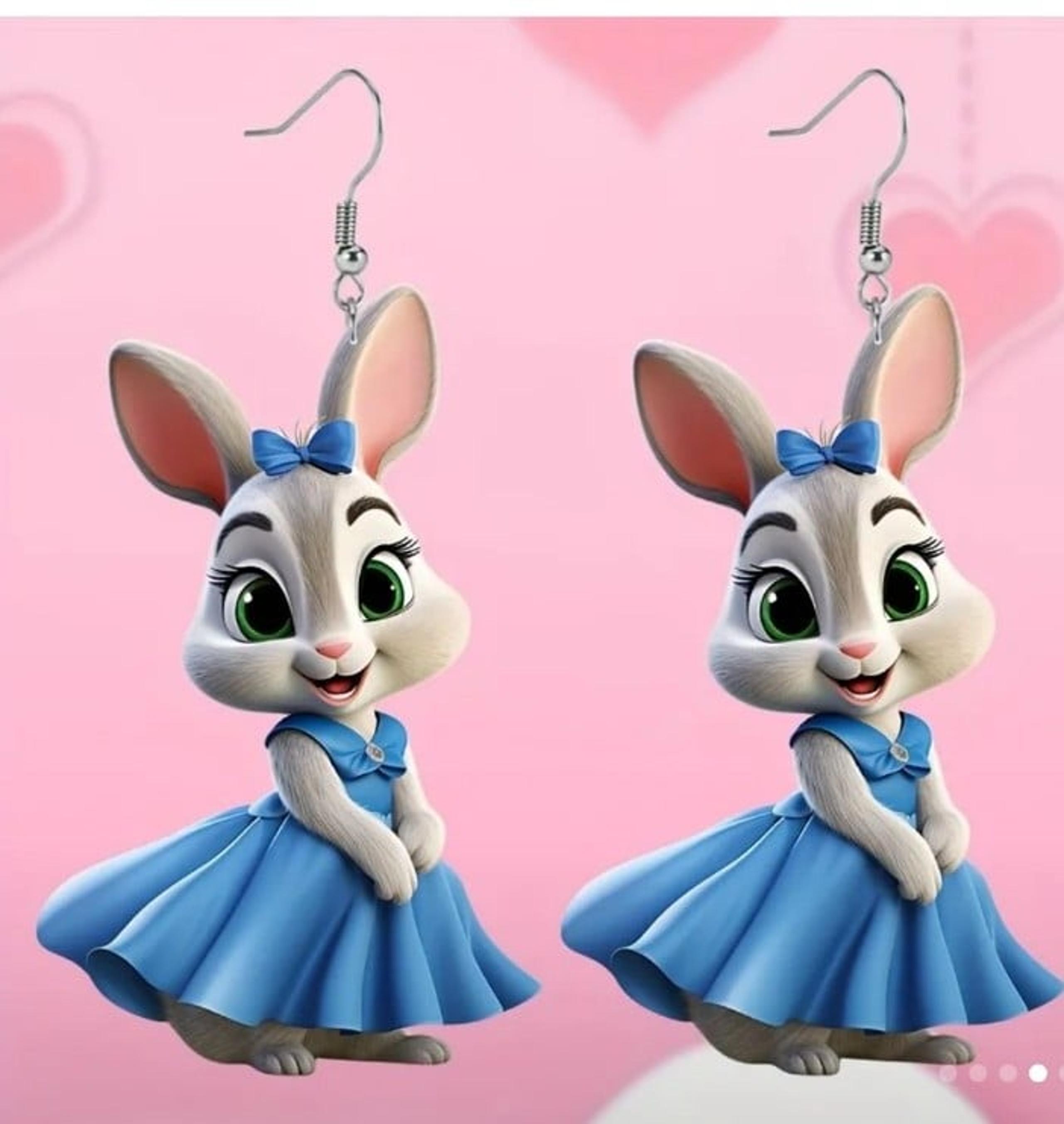 Bunny in Blue Dress 2 Dimensional Acrylic Earrings Brand New
