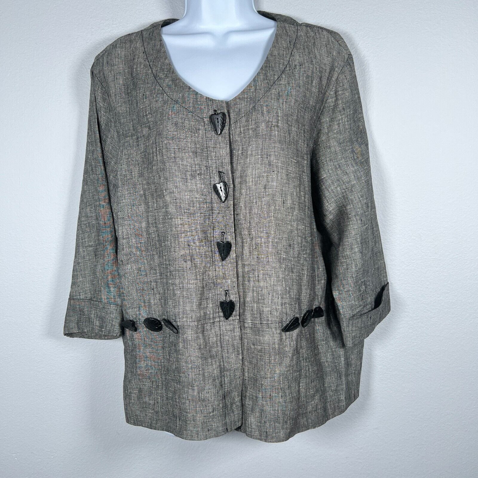 Earth Song Womens Linen Artsy Jacket Sz 14 Boho Lagenlook Casual Wearable Art