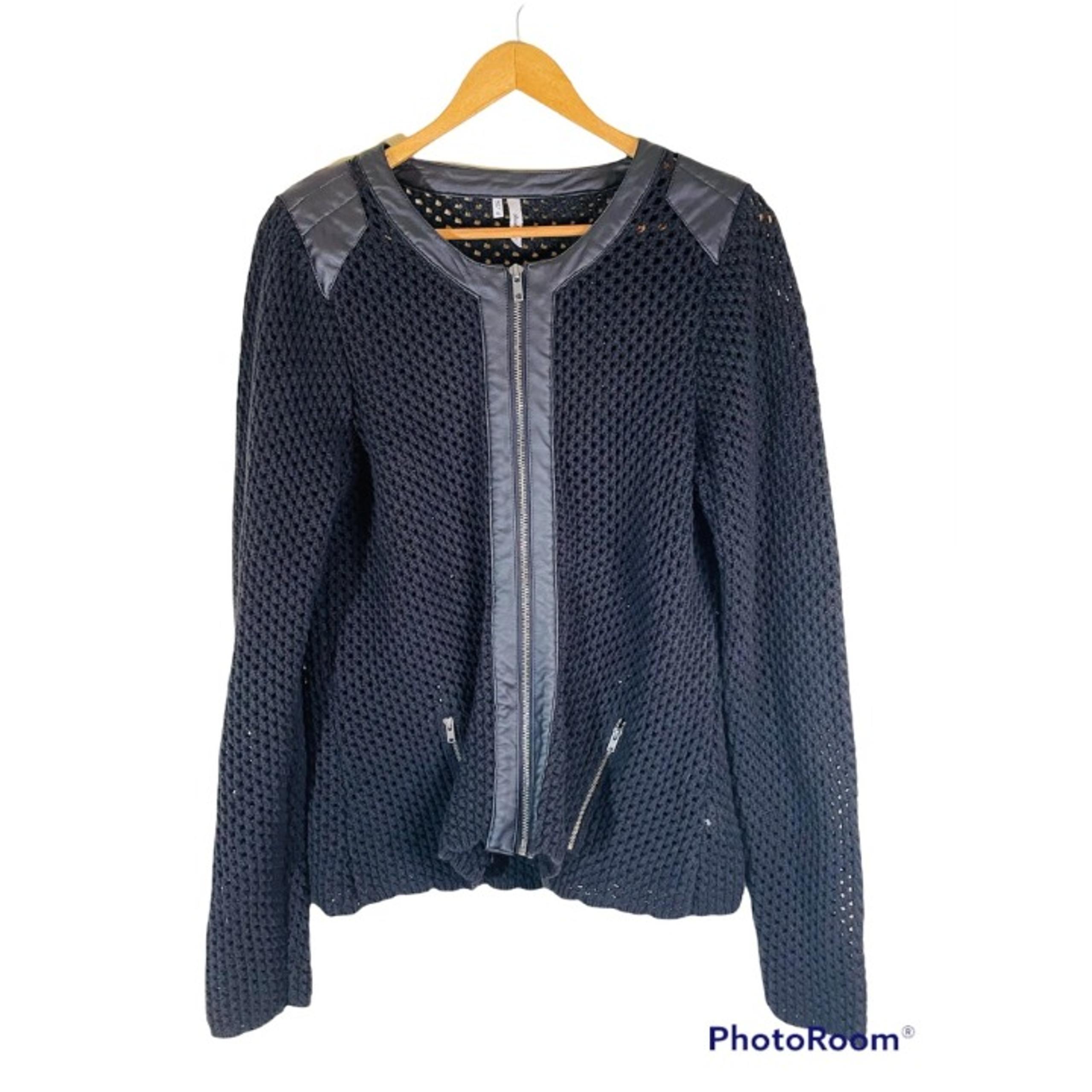 Studio Y Women's Crochet Knit Faux Leather Trim Full Zip Fancy Blazer Top