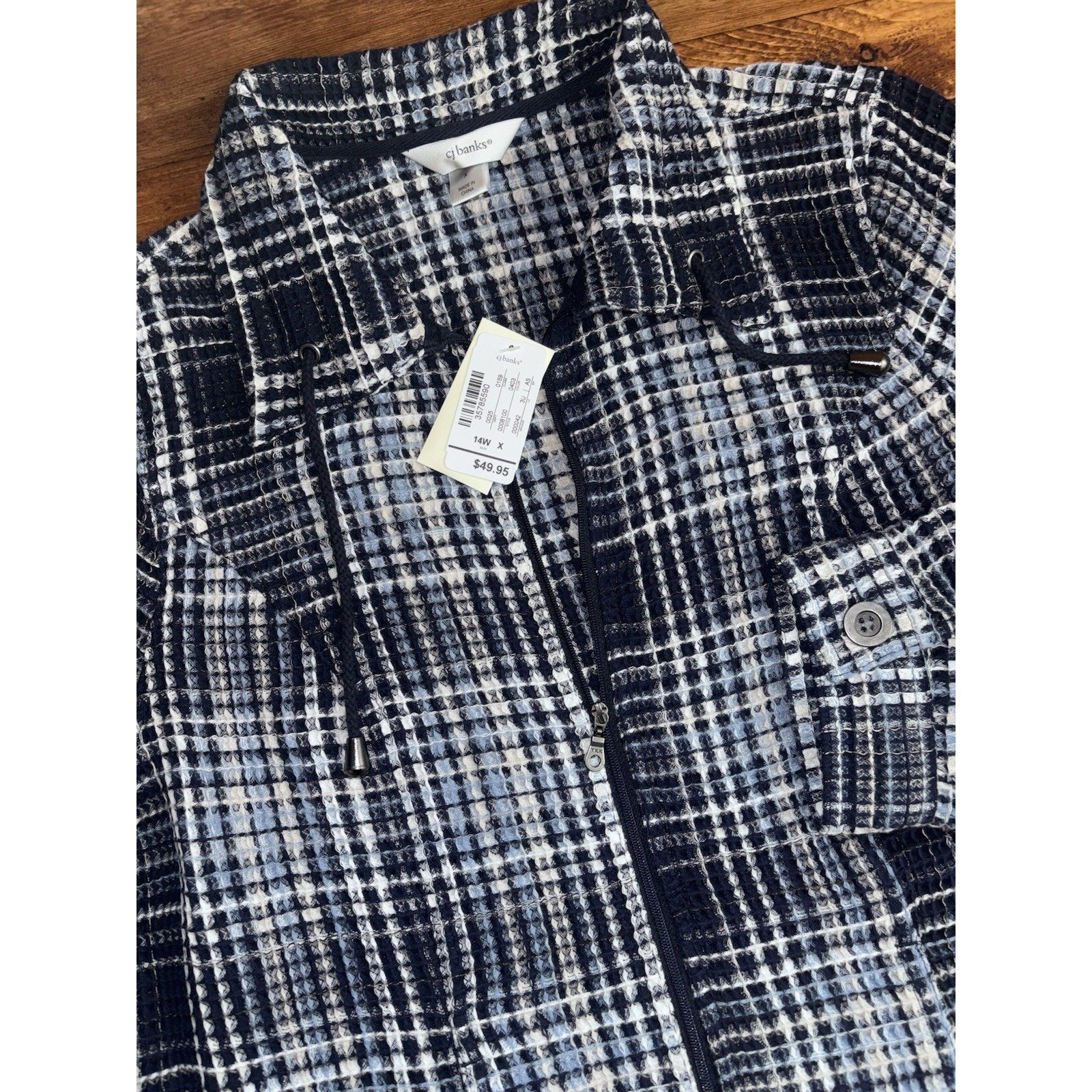 CJ Banks Sweater Jacket Women's 14W (X) Blue Plaid Waffle Knit Full Zip NEW