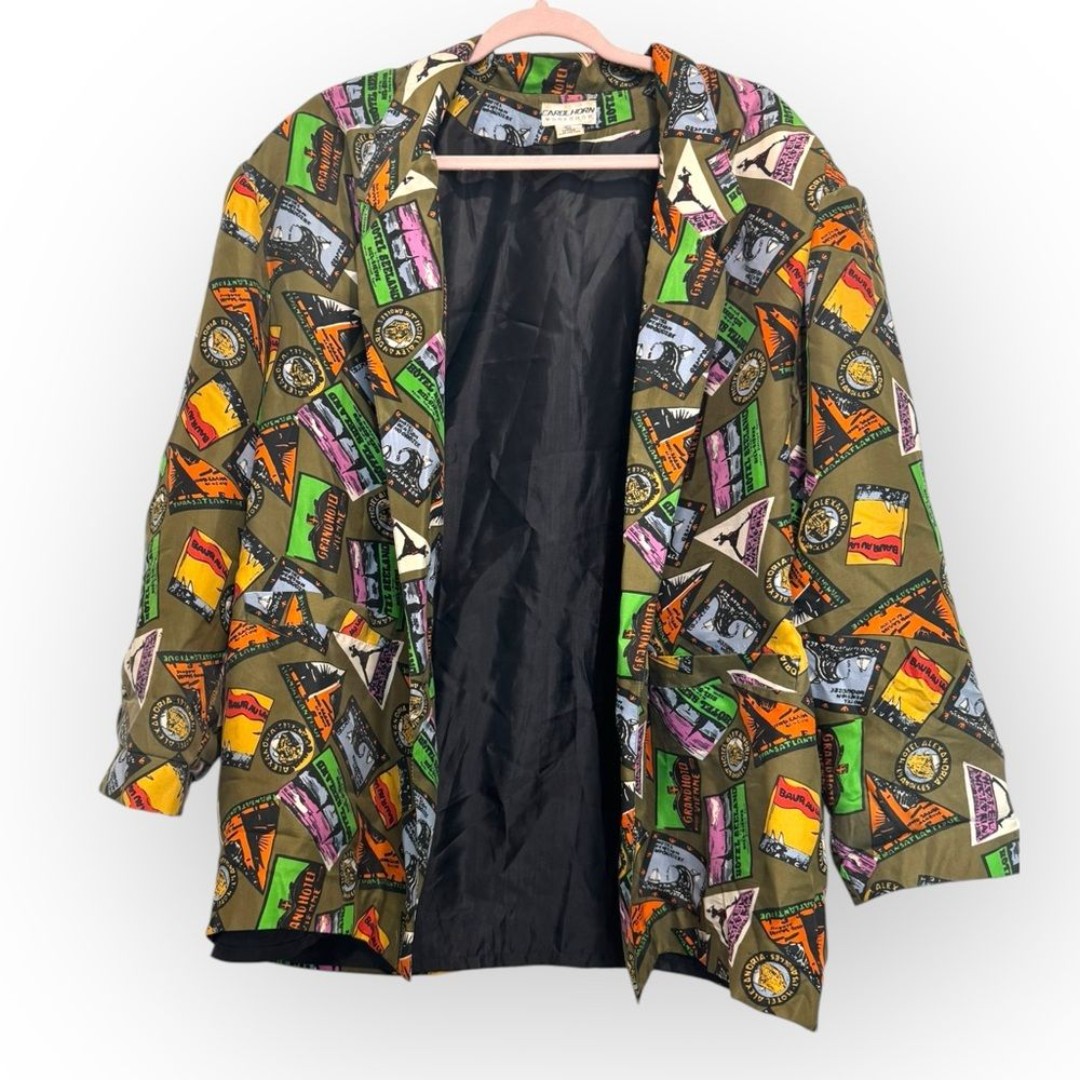 Vintage Carol Horn Multicolor Travel Theme Oversized Silk Blazer Jacket, Size 2X