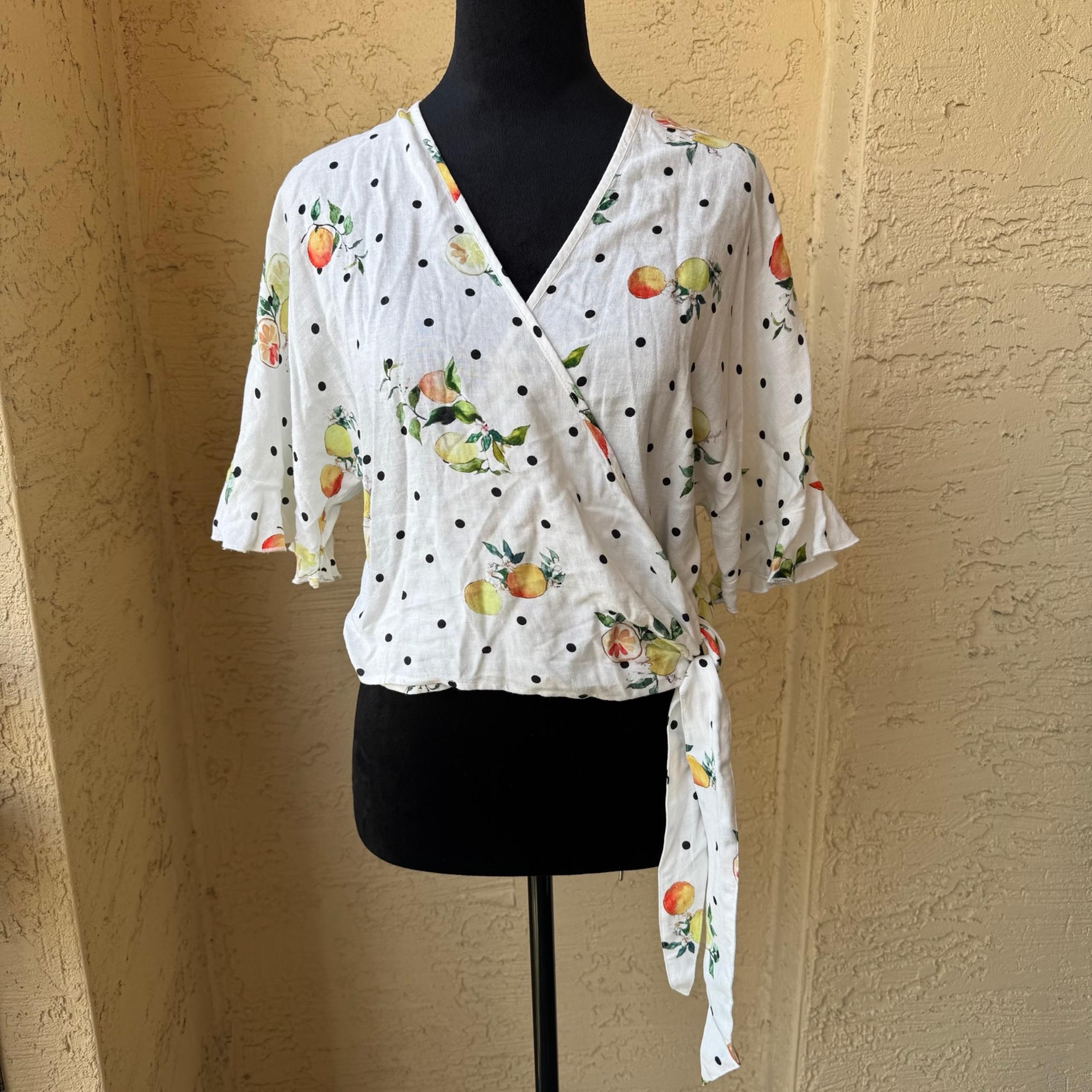 Rails Athena Top Polka Dot Citrus Print Sz M Linen Blend Wrap Ruffle Sleeve