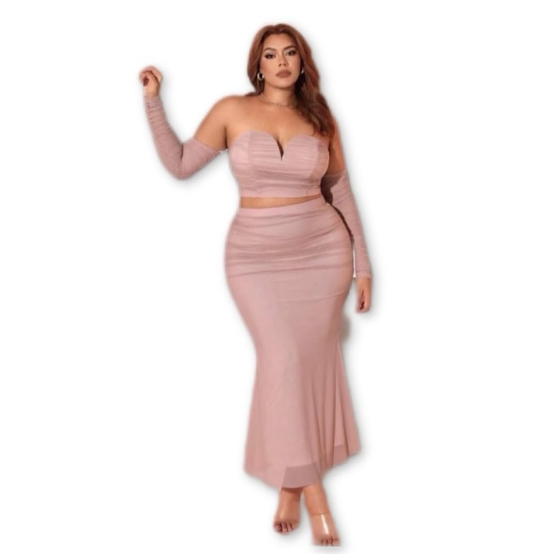 PINK OFF SHOULDER RUCHED CROP TOP & SKIRT MATCHING SET