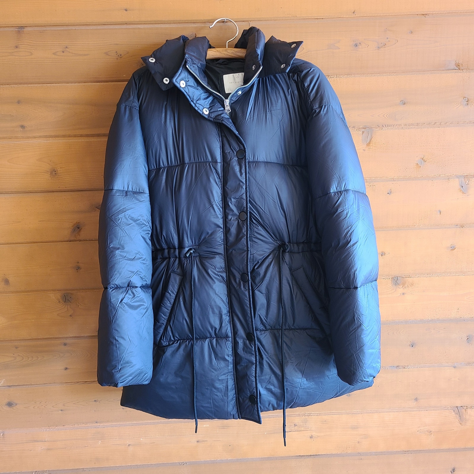 Abercrombie & Fitch Aircloud Mid Puffer Coat Black Zip Snap Hooded Cinch Large
