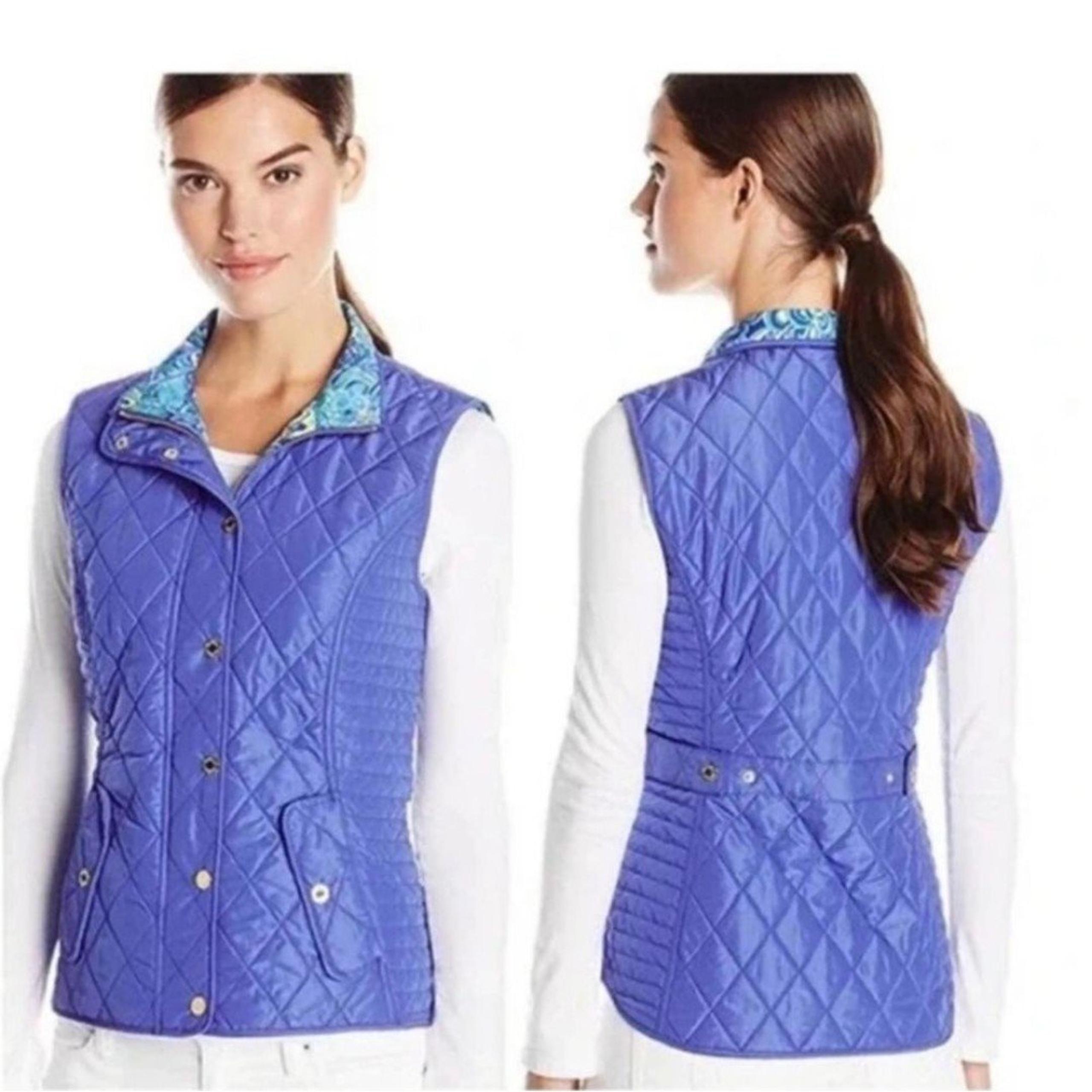 Lily Pulitzer Womens Royal Blue Quilted Vest Full Zipper Snap On Small