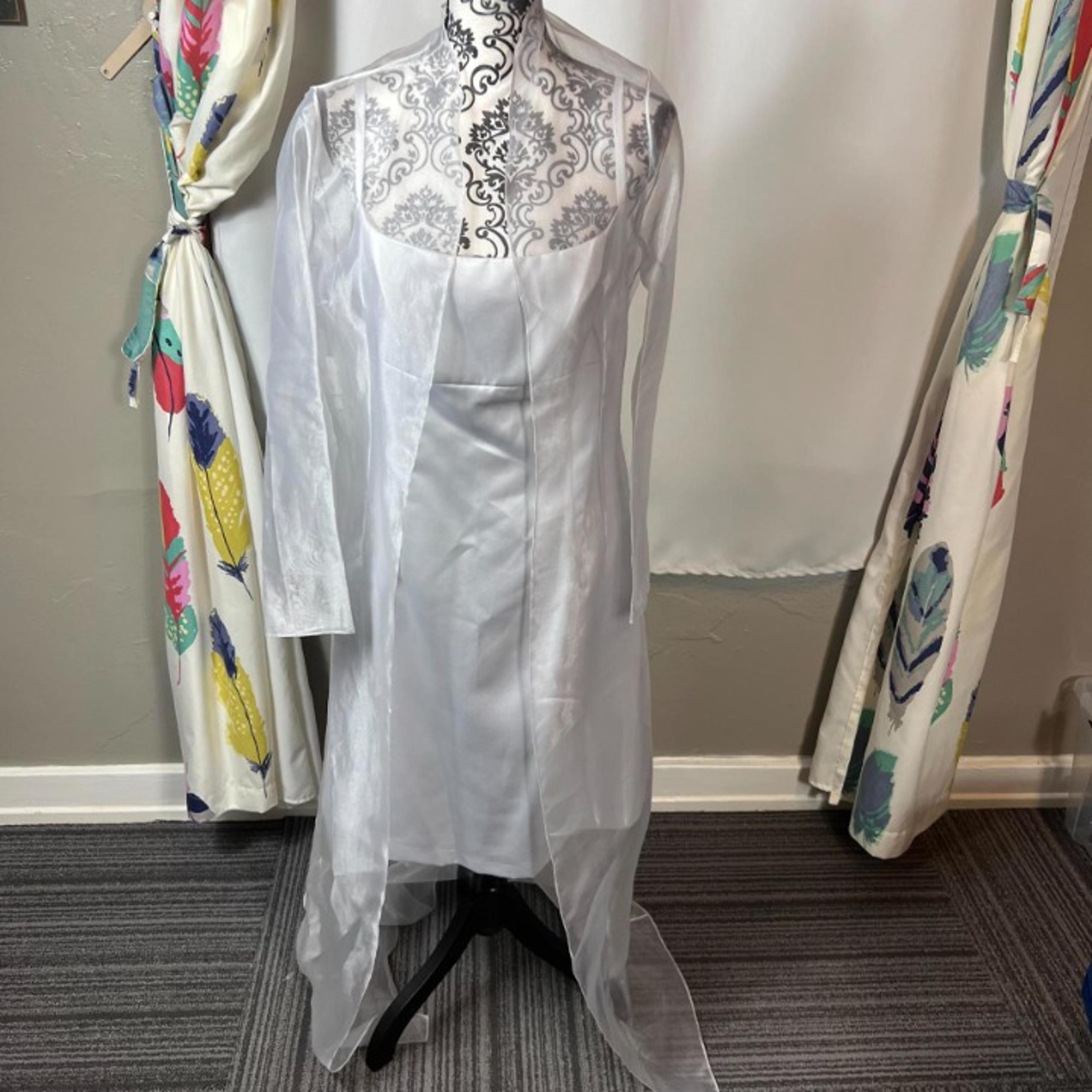 Dessy Creations silver knee length sheath dress with sheer duster. Size 10