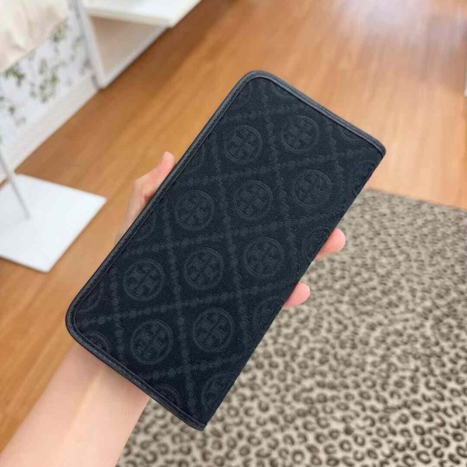 New Tory Burch T Monogram Black Logo Jacquard Slim Wallet 152141